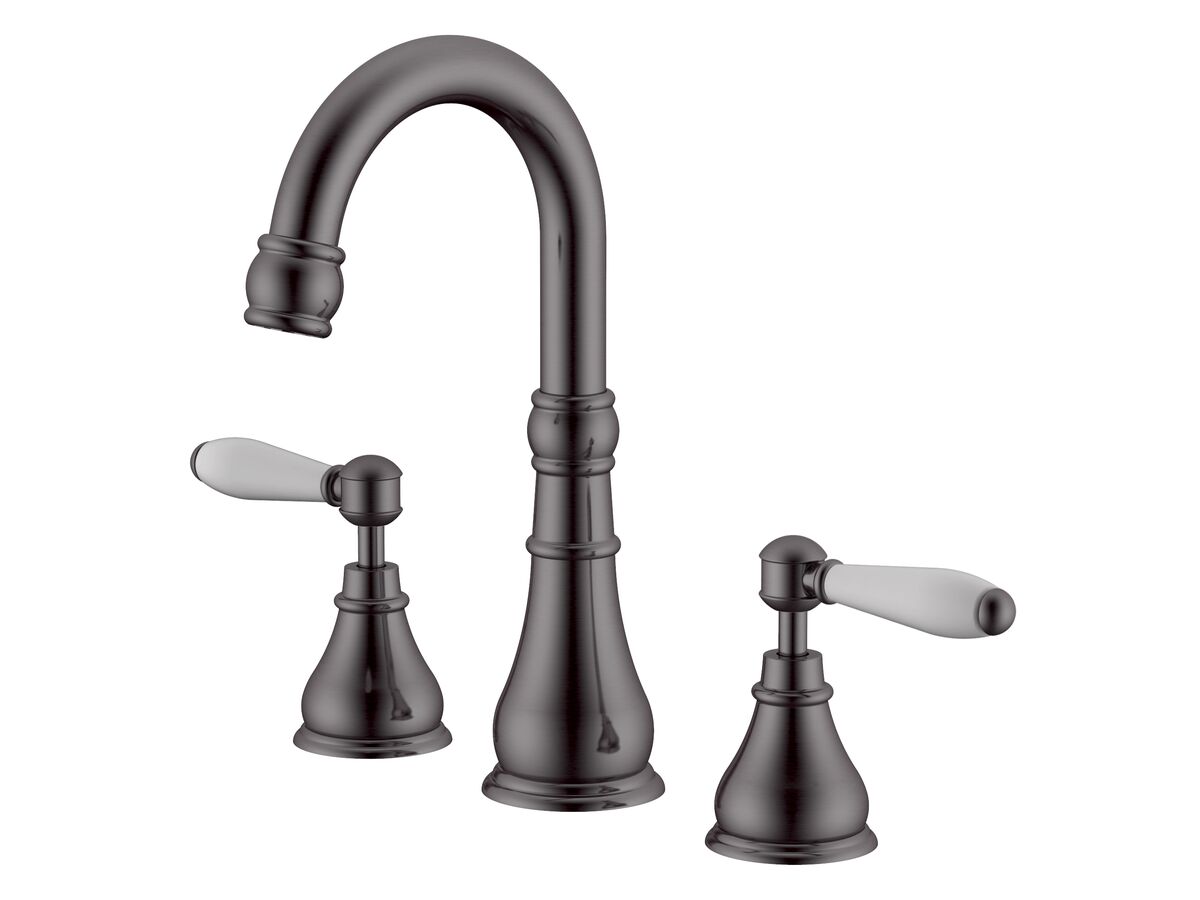 reece Milli Voir Gooseneck Basin Set Swivel Outlet Lever Porcelain Handles Brushed Gunmetal (4 Star)