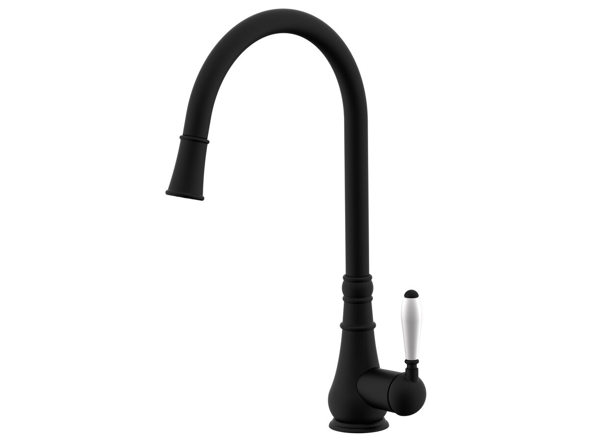 reece Milli Voir Gooseneck Pull-Out Sink Mixer Tap with Porcelain Handle Matte Black (4 Star) Lead Free
