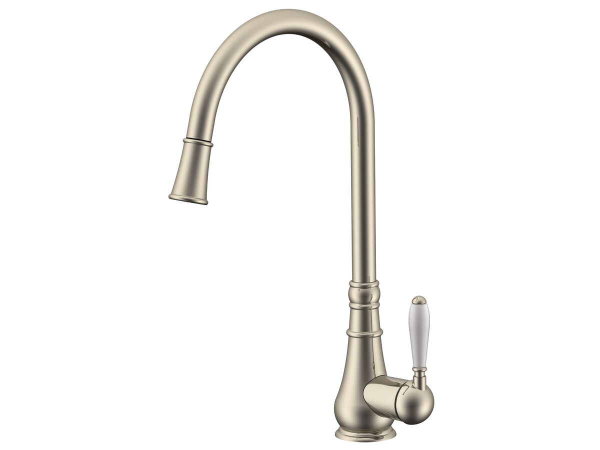 reece Milli Voir Gooseneck Pull-Out Sink Mixer Tap with Porcelain Handle Brushed Nickel (4 Star) Lead Free
