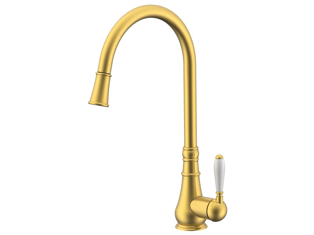 reece Milli Voir Gooseneck Pull-Out Sink Mixer Tap with Porcelain Handle Brushed Gold (4 Star) Lead Free