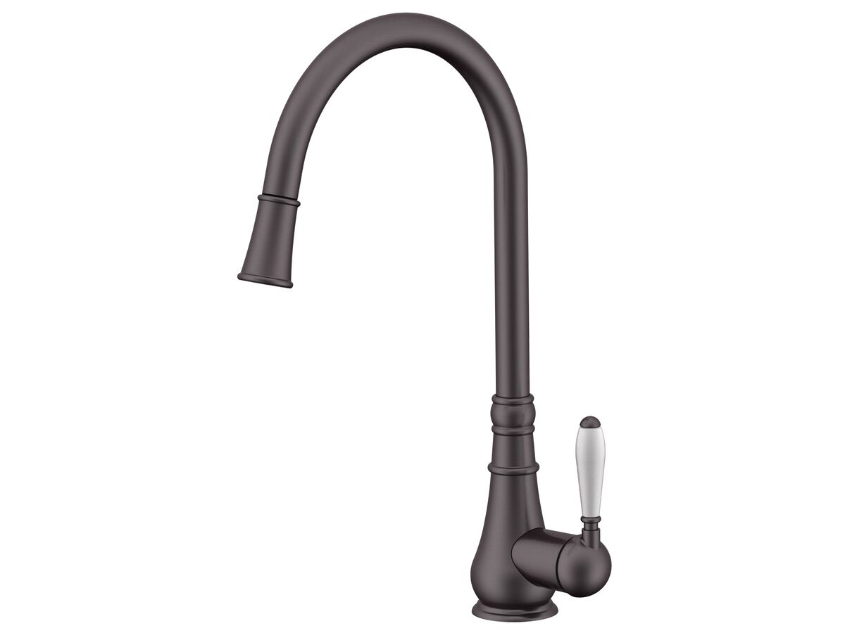 reece Milli Voir Gooseneck Pull-Out Sink Mixer Tap with Porcelain Handle Brushed Gunmetal (4 Star) Lead Free