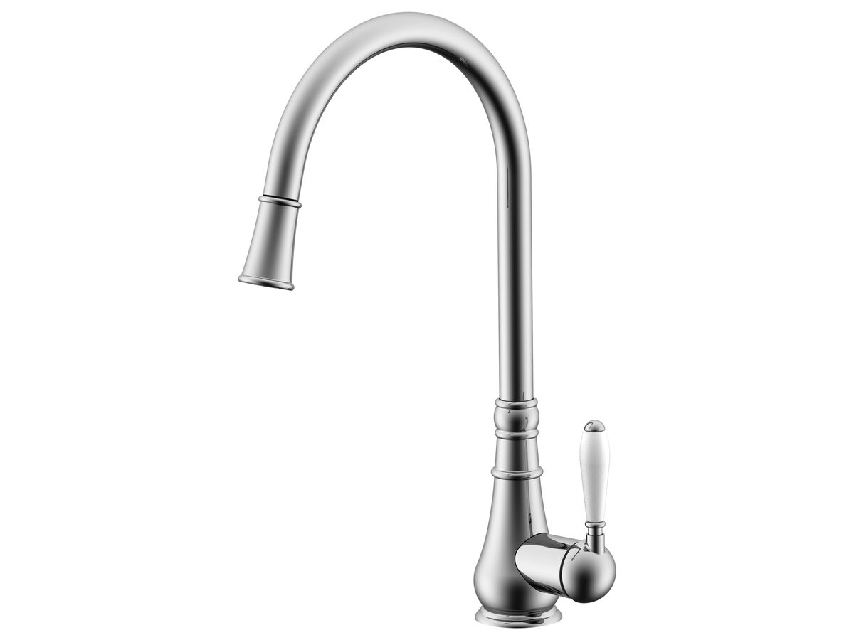 reece Milli Voir Gooseneck Pull-Out Sink Mixer Tap with Porcelain Handle Chrome (4 Star) Lead Free