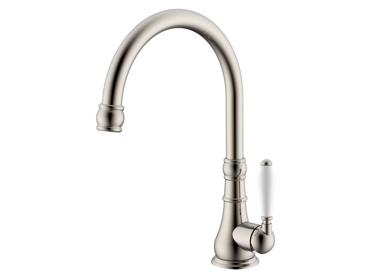 reece Milli Voir Gooseneck Sink Mixer Tap Large Porcelain Handle Brushed Nickel (4 Star)
