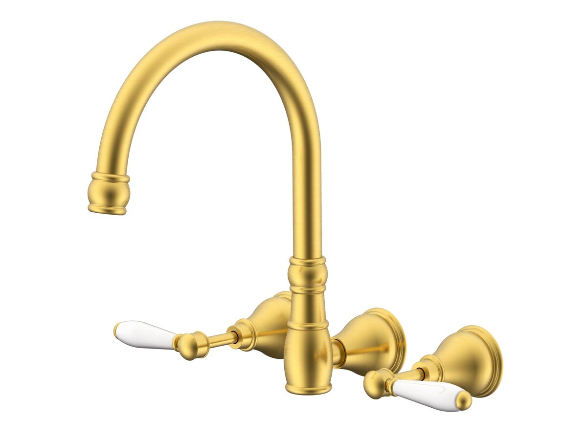 reece Milli Voir Gooseneck Wall Sink Set Lever Porcelain Handles Brushed Gold (4 Star)