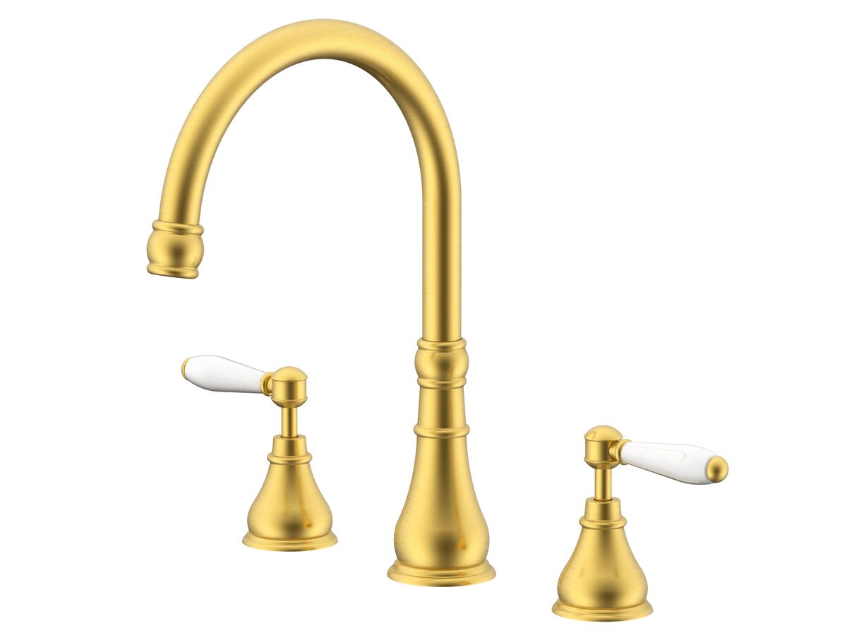 reece Milli Voir Hob Gooseneck Sink / Spa Set Lever Porcelain Handles Brushed Gold (4 Star) Lead Free