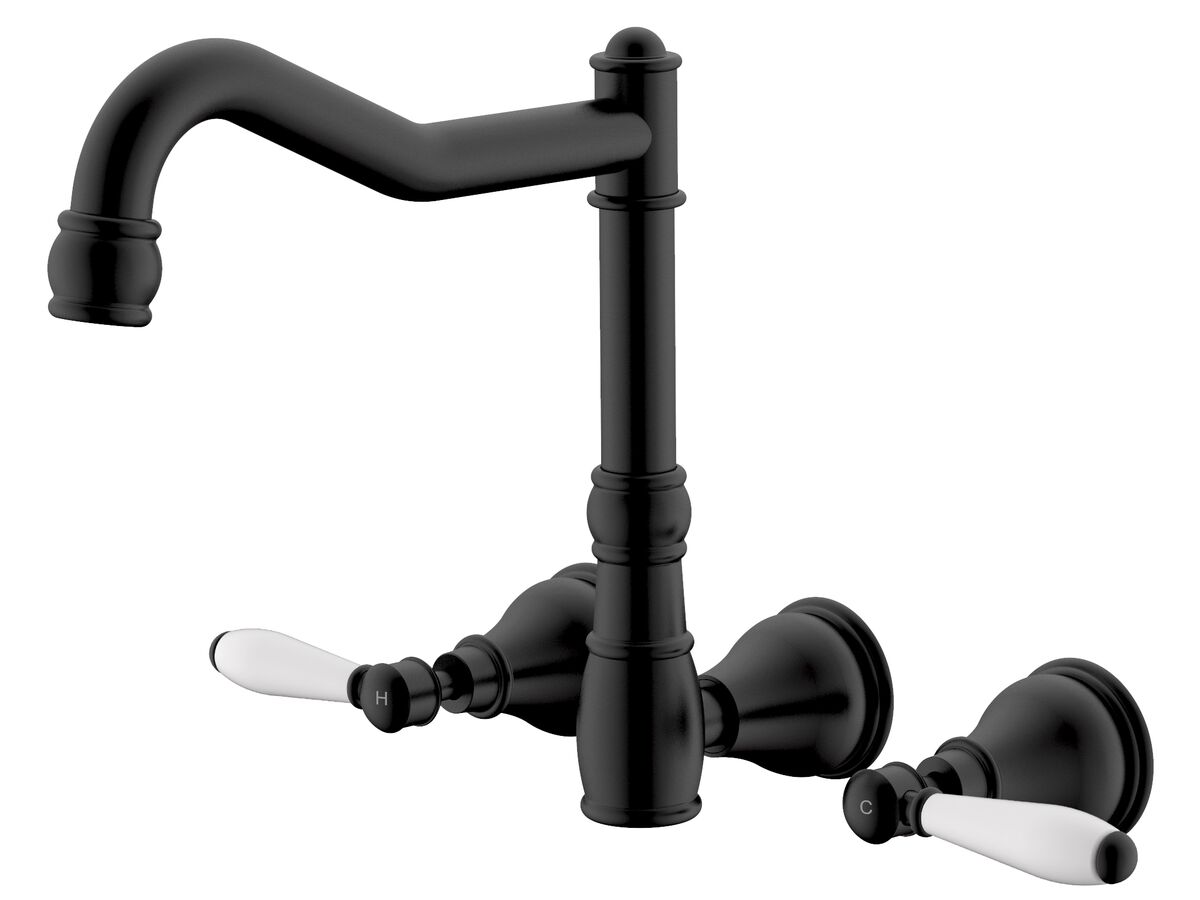 reece Milli Voir Wall English Sink Set Lever Porcelain Handles Matte Black (4 Star) Lead Free