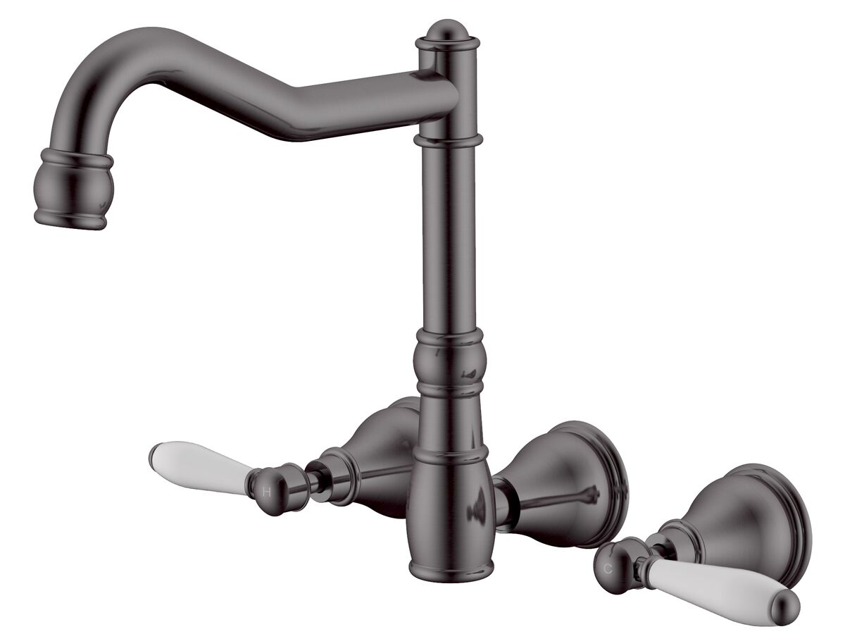 reece Milli Voir Wall English Sink Set Lever Porcelain Handles Brushed Gunmetal (4 Star)