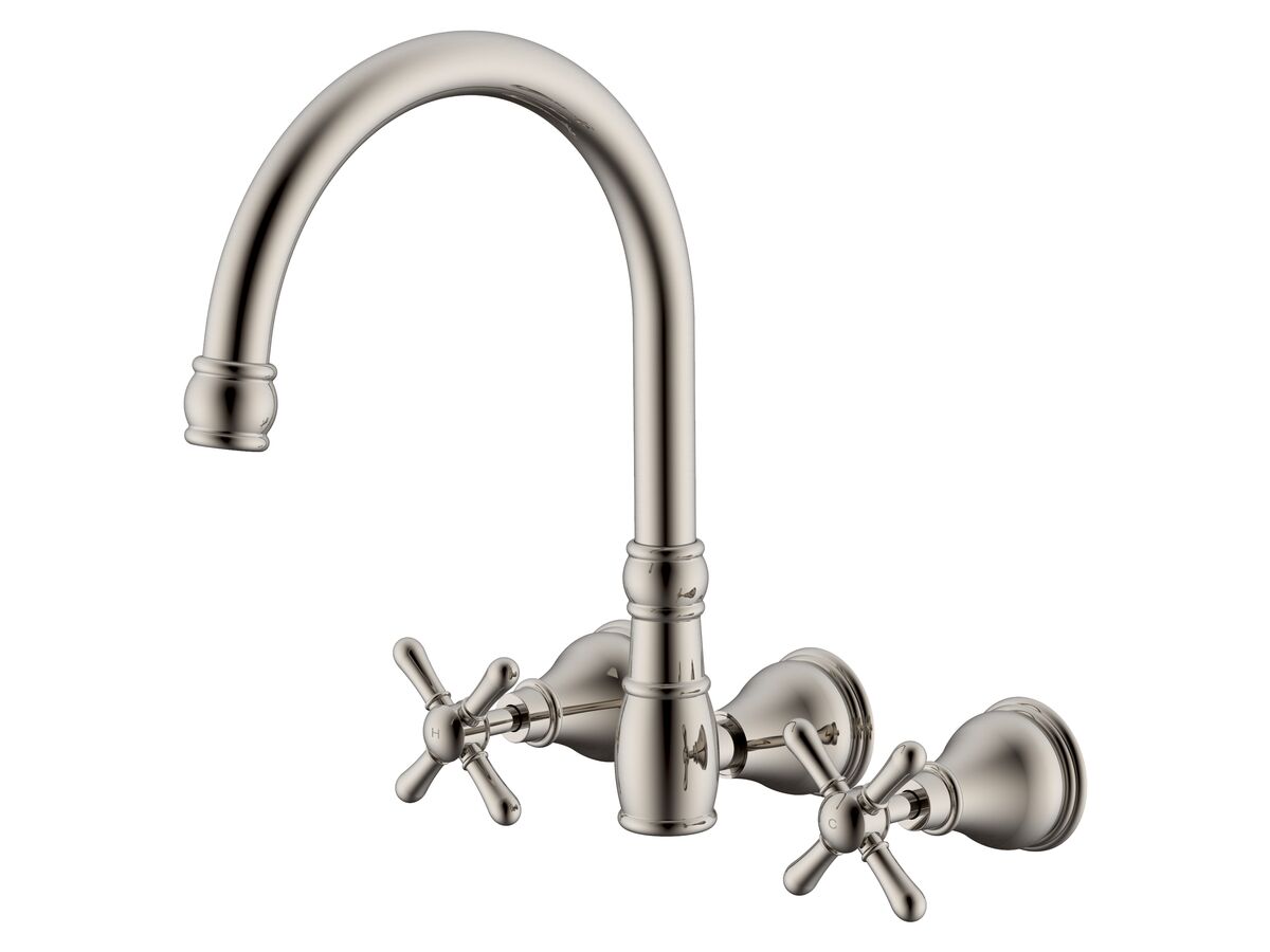 reece Milli Voir Wall Gooseneck Sink Set Cross Handles Brushed Nickel (4 Star) Lead Free