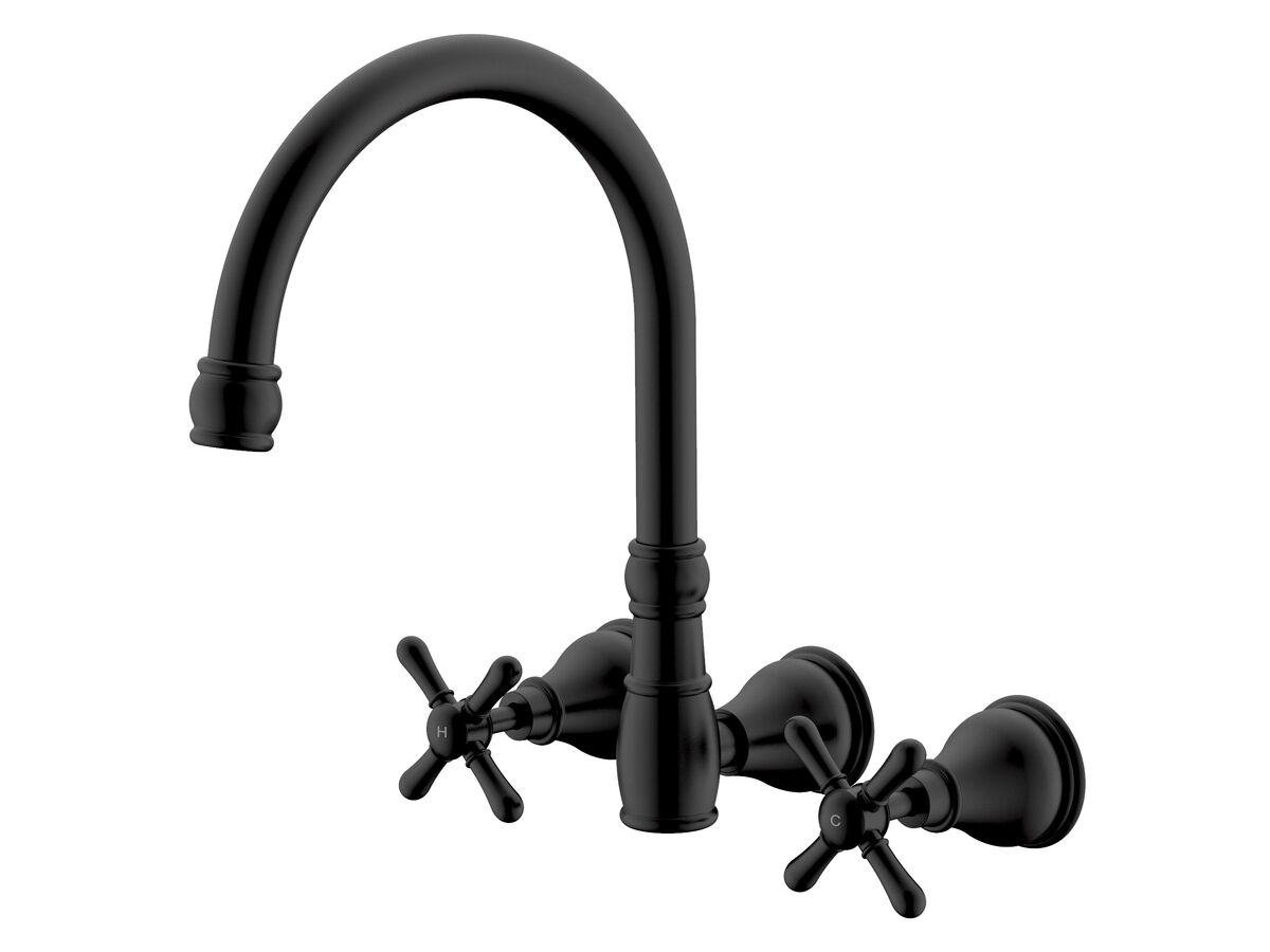 reece Milli Voir Wall Gooseneck Sink Set Cross Handles Matte Black (4 Star)