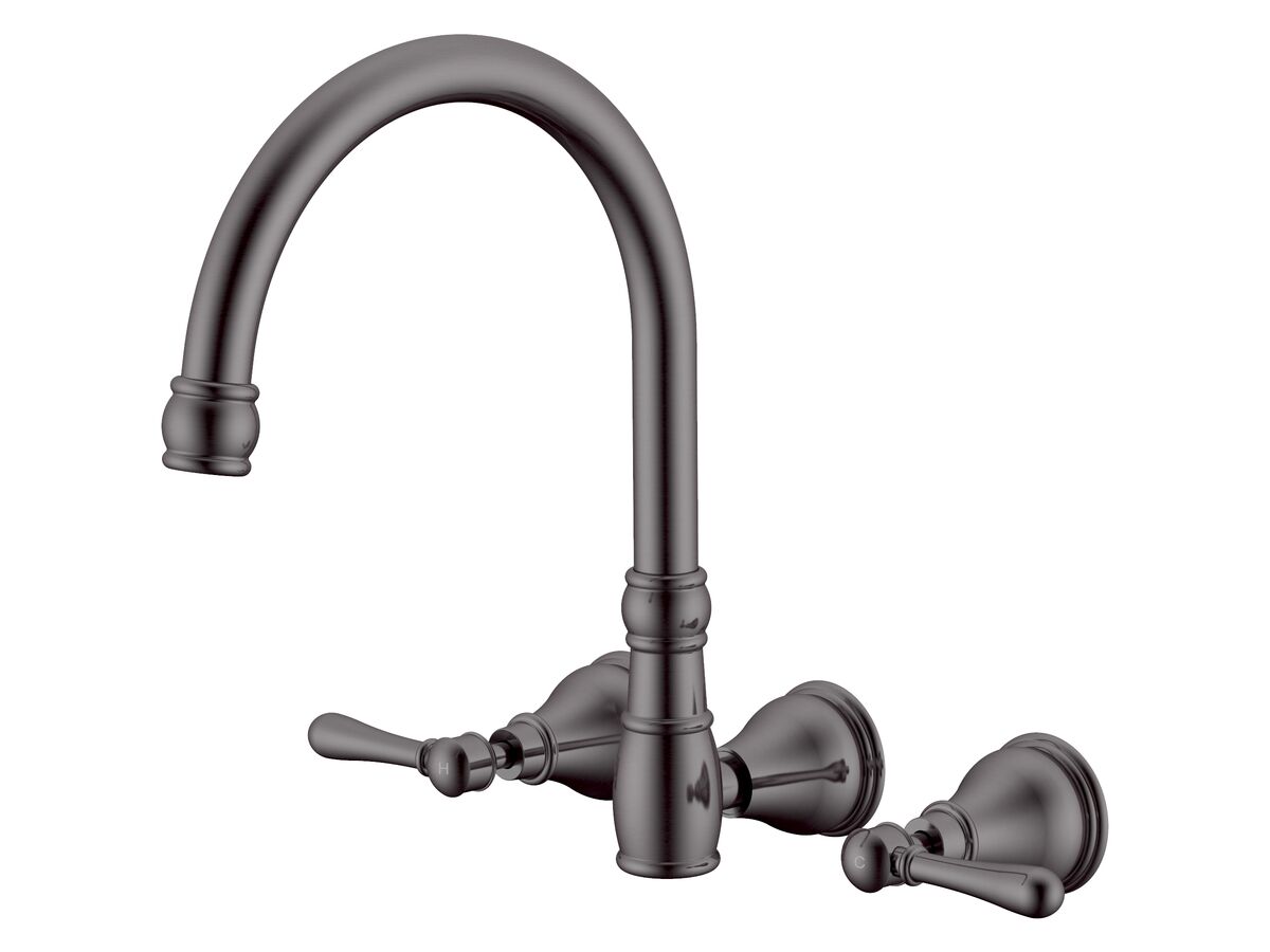 reece Milli Voir Wall Gooseneck Sink Set Lever Handles Brushed Gunmetal (4 Star)