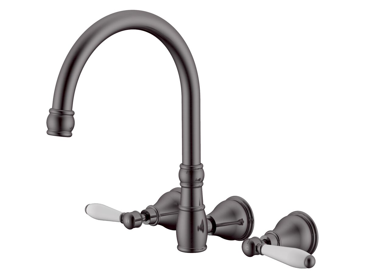 reece Milli Voir Wall Gooseneck Sink Set Lever Porcelain Handles Brushed Gunmetal (4 Star) Lead Free