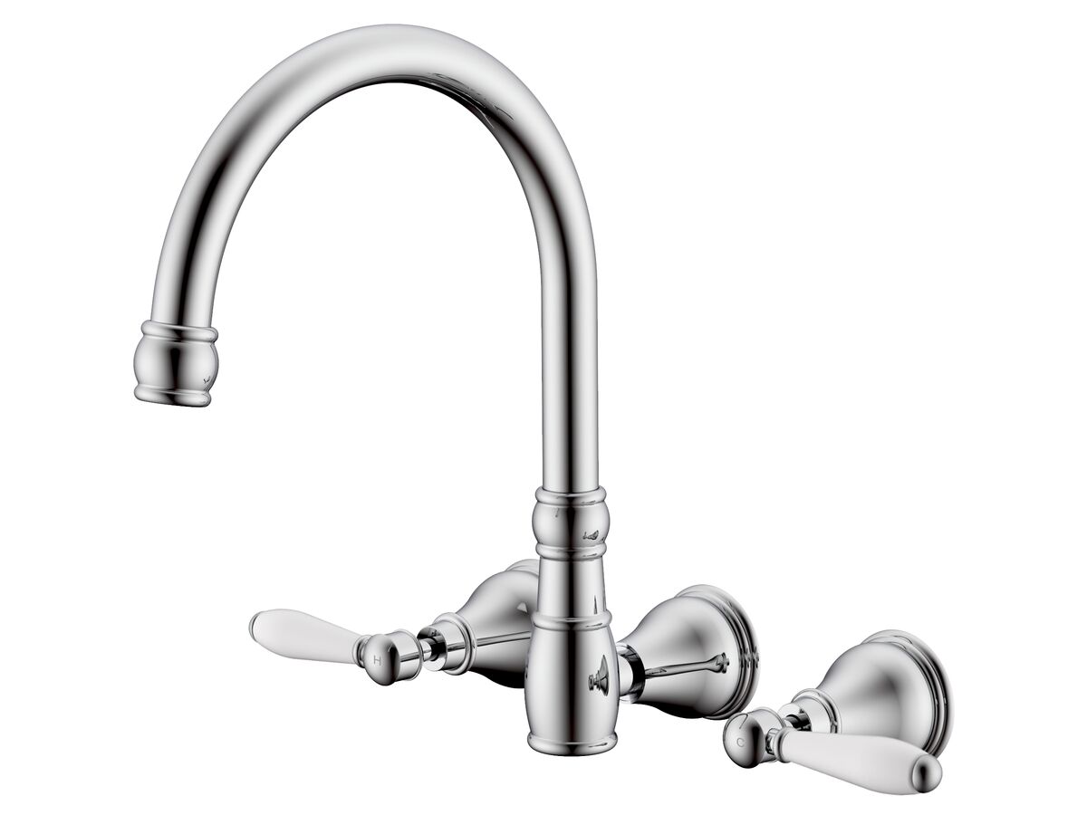 reece Milli Voir Wall Gooseneck Sink Set Lever Porcelain Handles Chrome (4 Star)