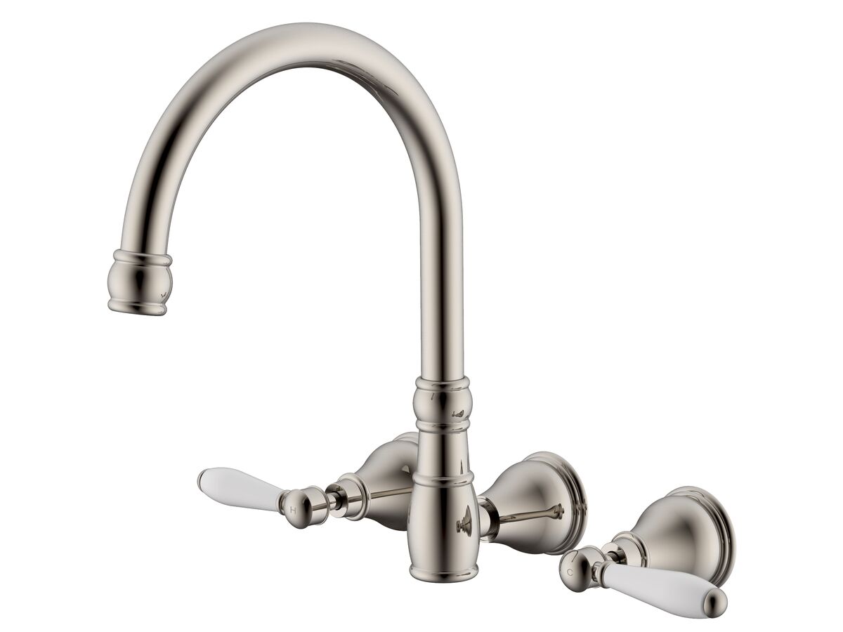reece Milli Voir Wall Gooseneck Sink Set Lever Porcelain Handles Brushed Nickel (4 Star)