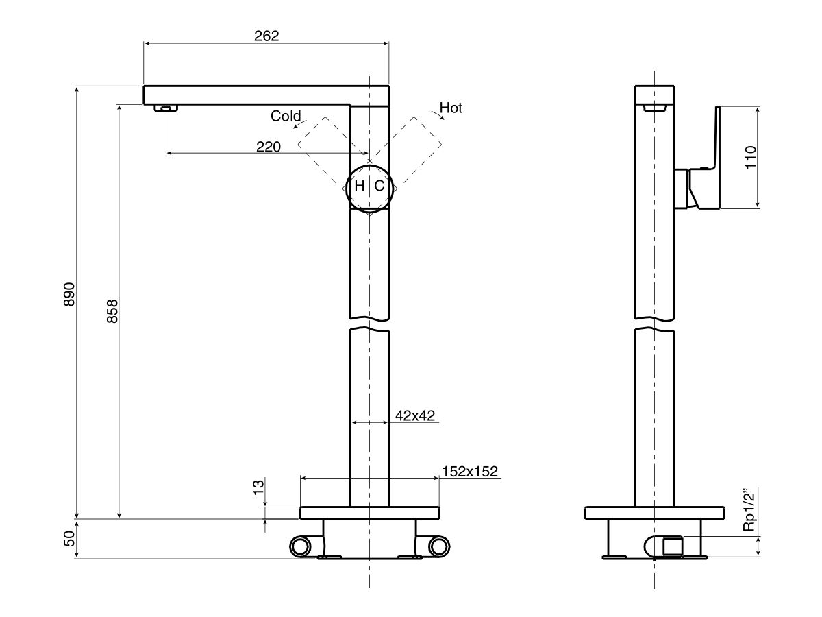 Reece Mizu Bloc MK2 Floor Mount Bath Mixer Tap & Outlet Chrome
