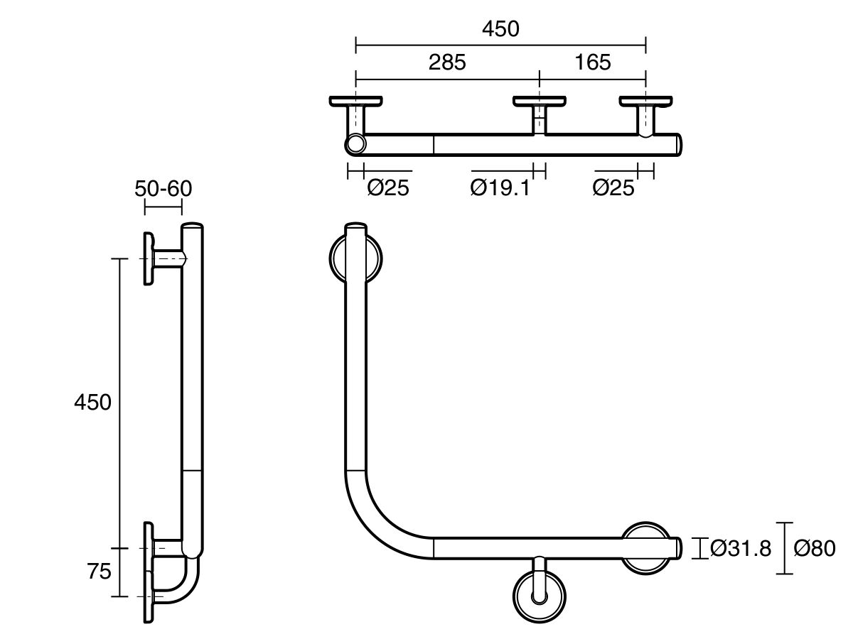 Reece Mizu Drift 450 X 450 X 90 Degree Ambulant Toilet Grab Rail Right Hand Brushed Gunmetal
