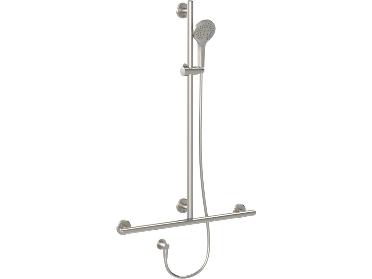 reece Mizu Drift 700 x 1100mm Independent T-Shower Modular Grab Rail Kit 3 function Brushed Nickel / Brushed Stainless Steel (5 Star)
