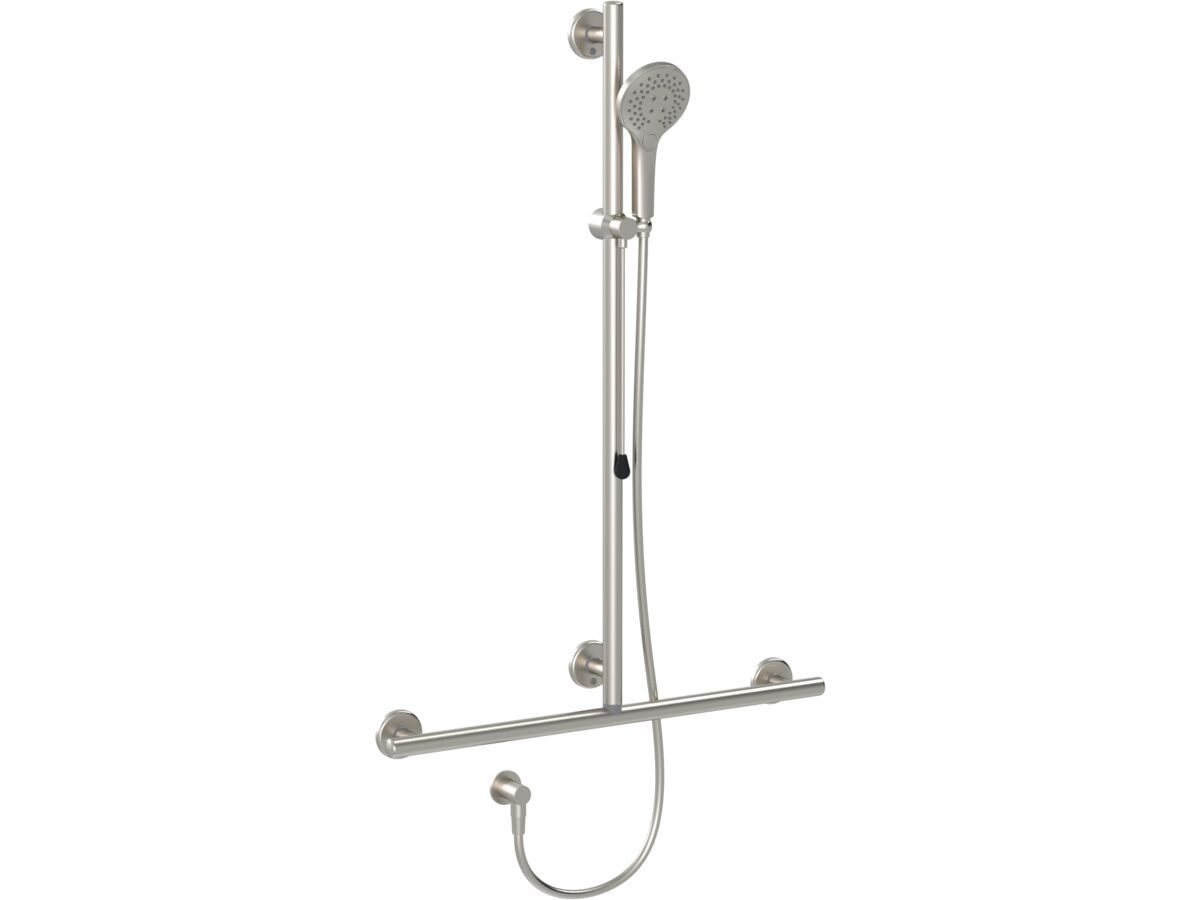 reece Mizu Drift 700 x 1100mm T-Shower Modular Grab Rail Kit 3 function with Push Pull Brushed Nickel / Brushed Stainless Steel (5 Star)