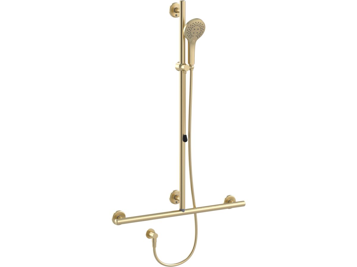reece Mizu Drift 700 x 1100mm T-Shower Modular Grab Rail Kit 3 function with Push Pull Brushed Brass (5 Star)