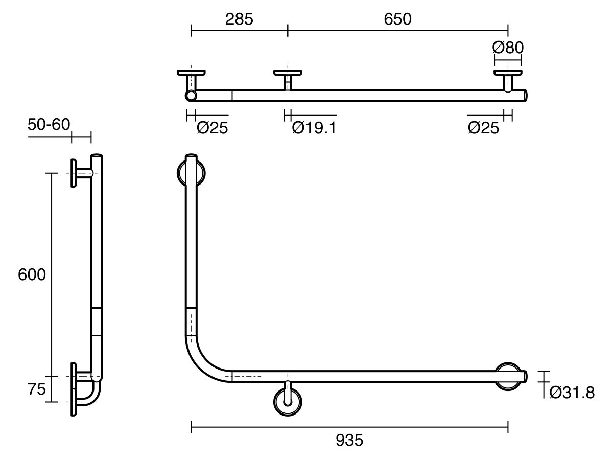 Reece Mizu Drift 935 X 600 X 90 Degree Accessible Toilet Grab Rail Modular Right Hand Brushed Brass