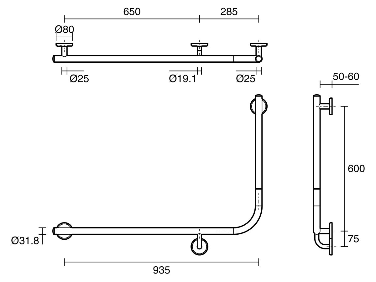 Reece Mizu Drift 935 X 600 X 90 Degree Accessible Toilet Grab Rail Modular Left Hand Matte Black
