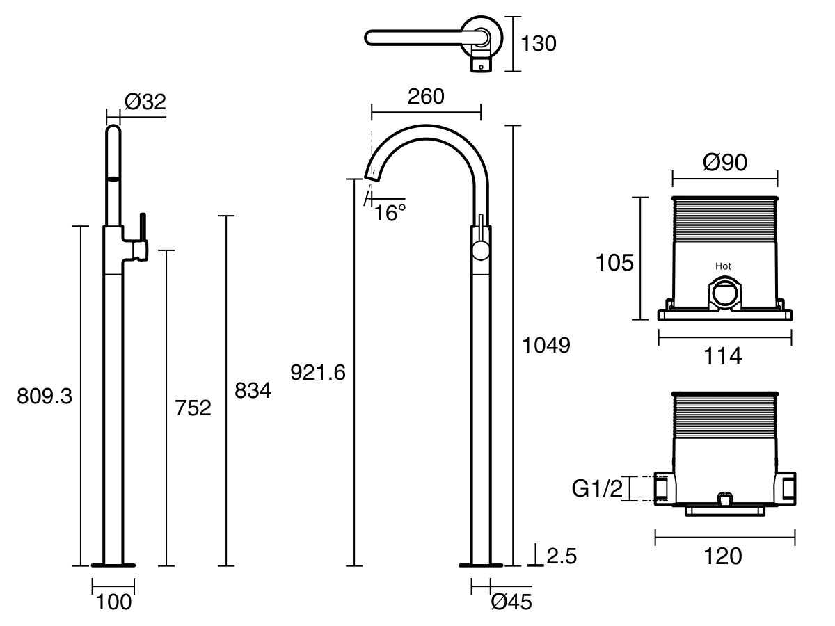 Reece Mizu Drift Floor Mounted Bath Mixer Kit Brushed Gunmetal