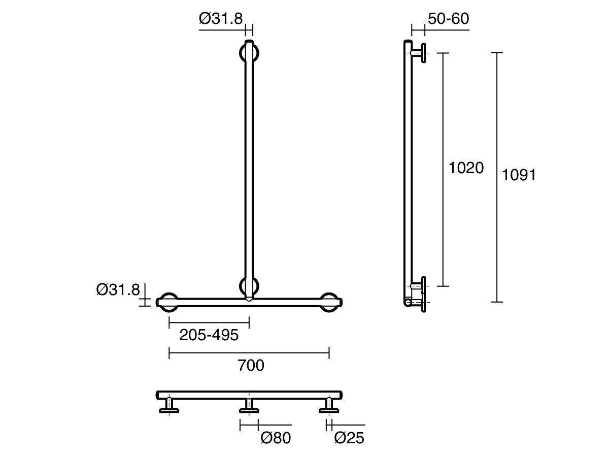 Reece Mizu Drift Handshower Grab Rail 700 X 1100mm Matte Black