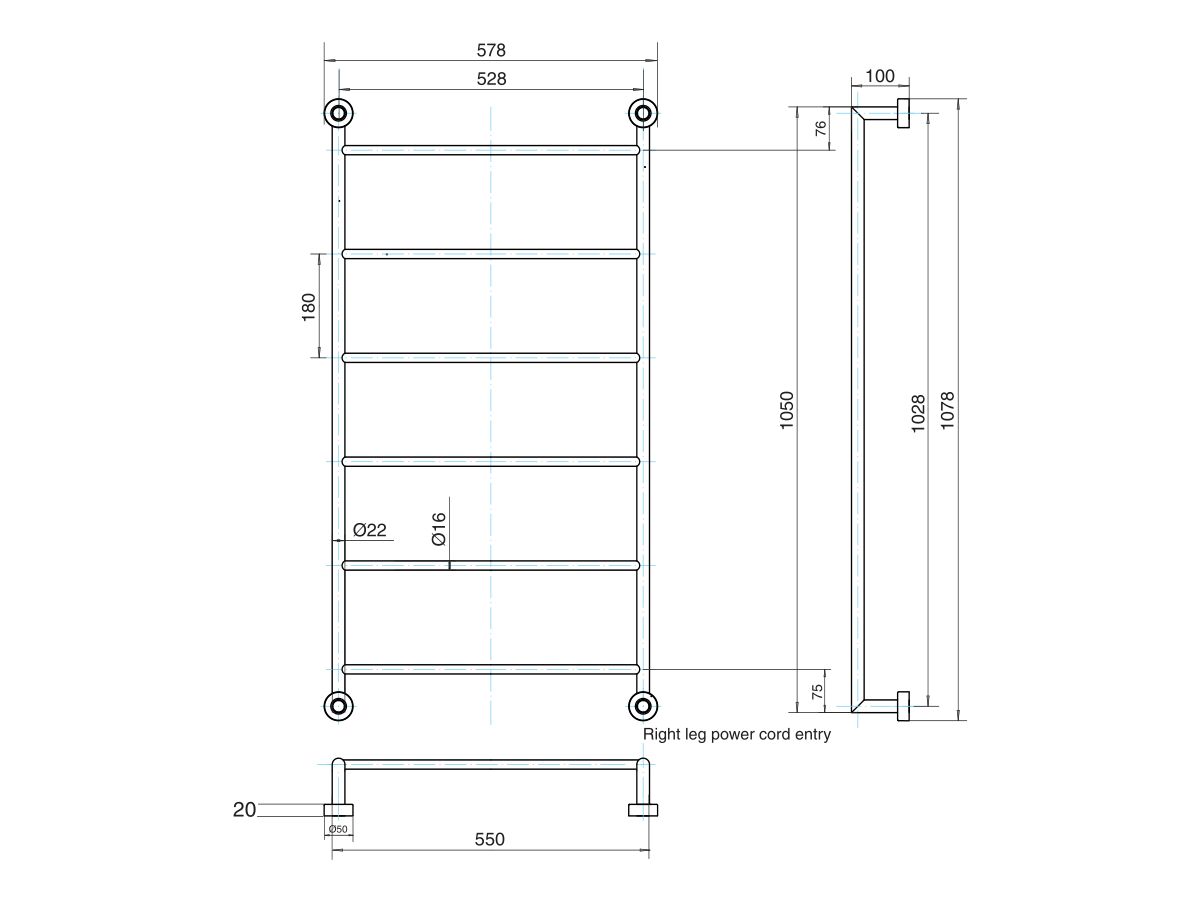 Reece Mizu Drift Heated Towel Rail 550 X 1050mm Polished Stainless Steel