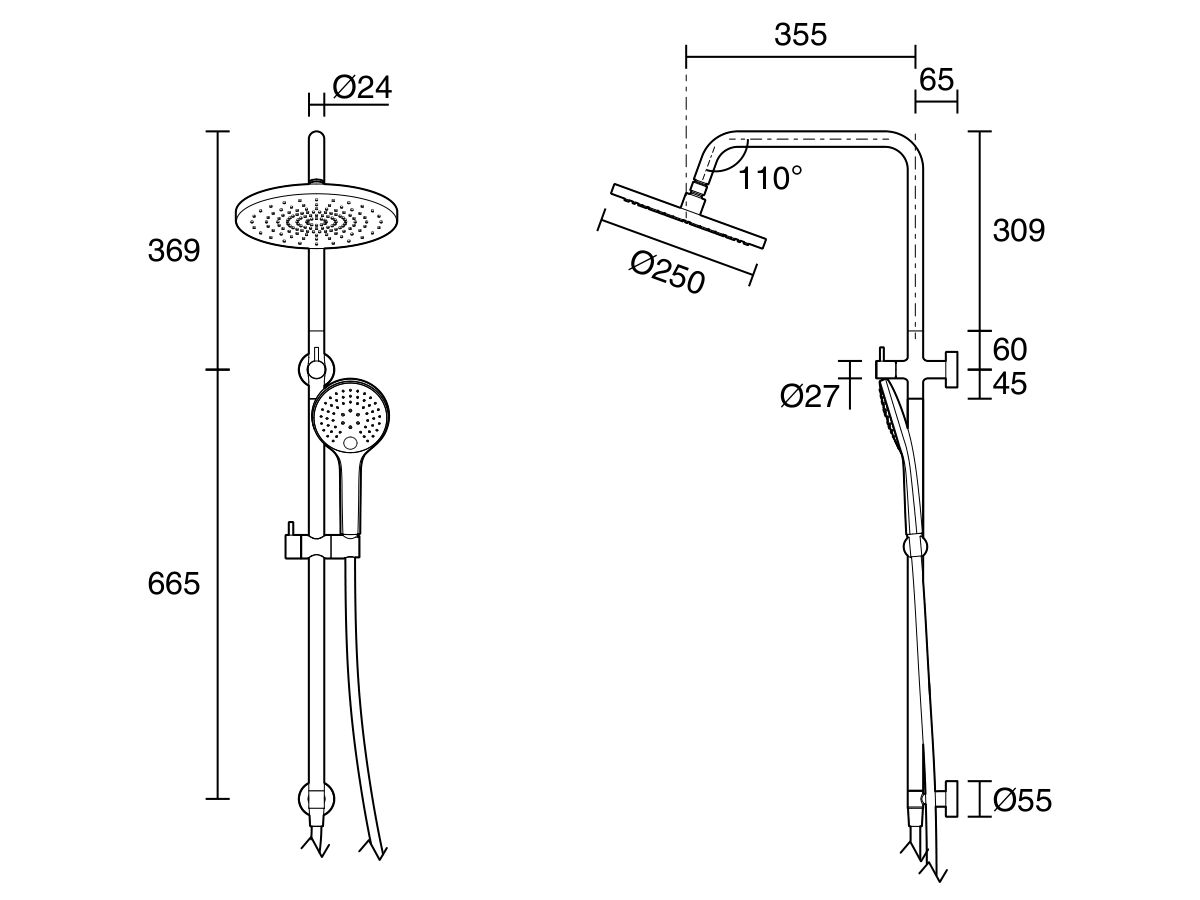 Reece Mizu Drift Twin Rail Shower 250mm ABS Overhead With Top Rail Water Inlet Chrome (5 Star)