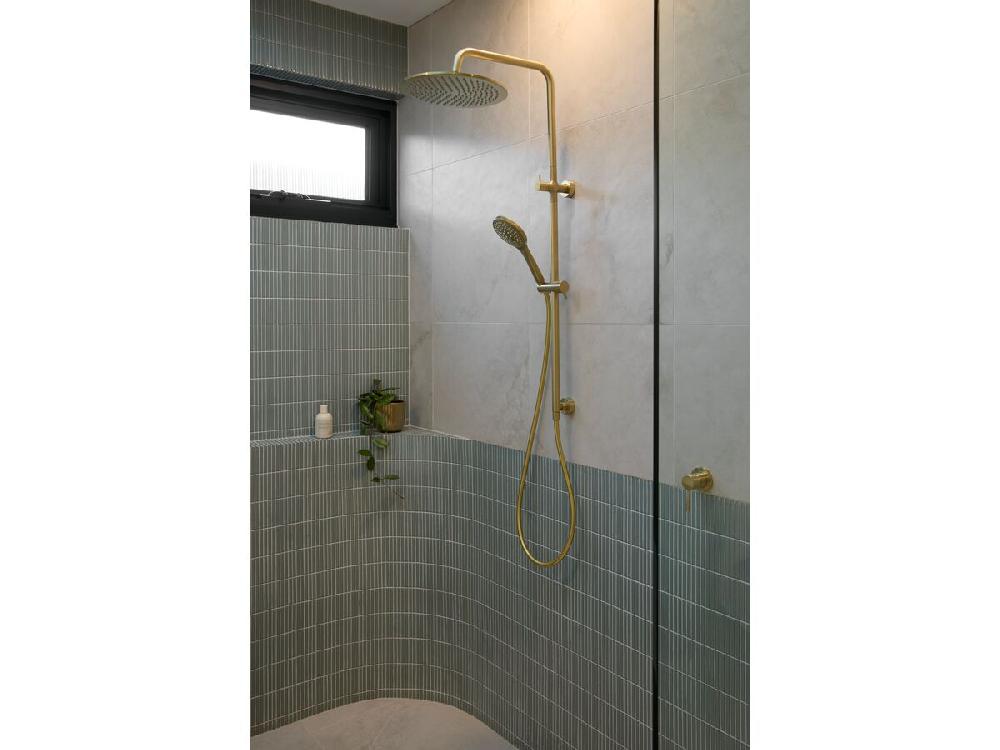 Reece Mizu Drift Twin Rail Shower With 300mm Brass Overhead And Top Rail Water Inlet Brushed Brass (3 Star)