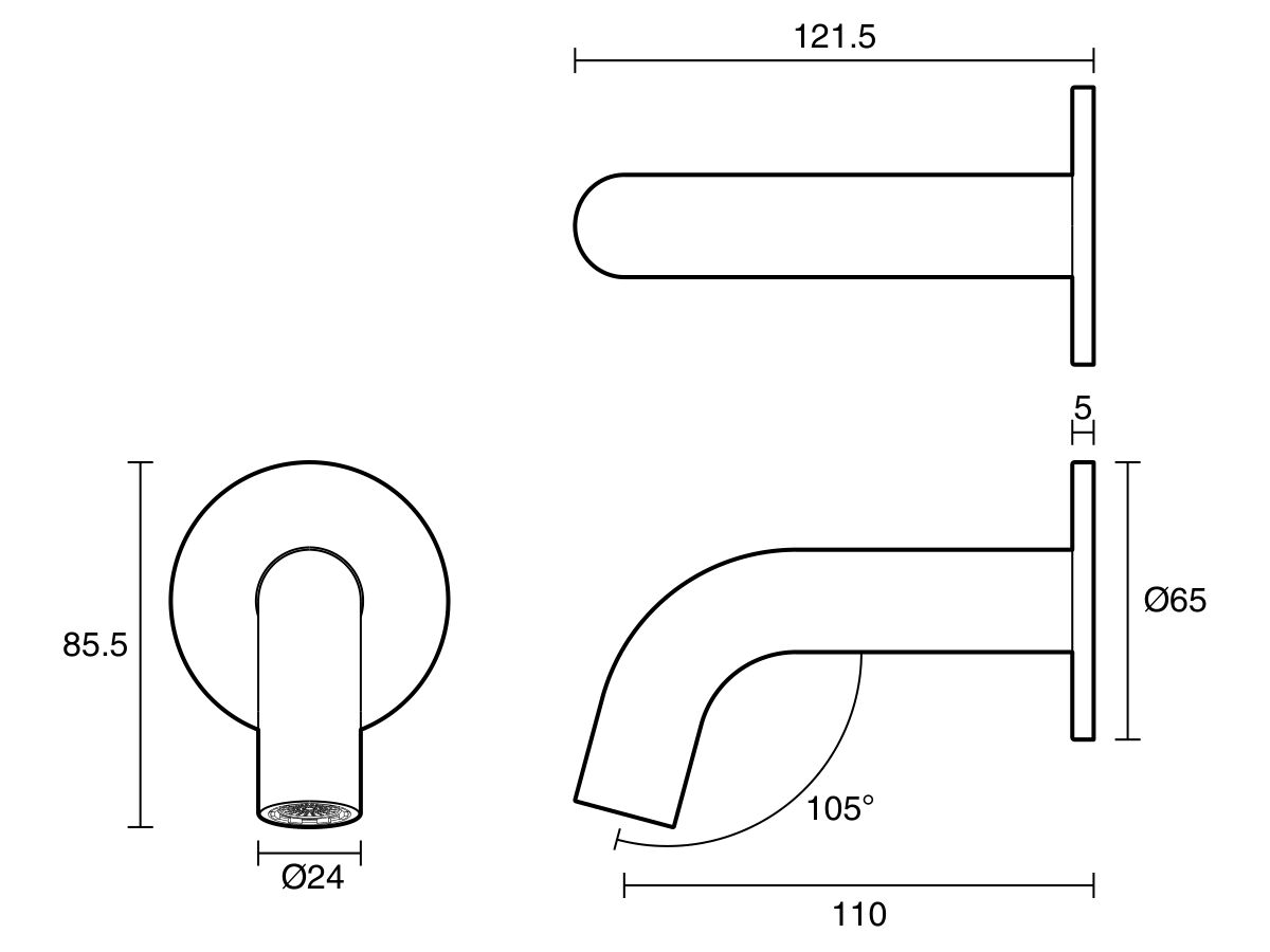 Reece Mizu Drift Wall Basin/Bath Outlet Curve Spout 110mm Brushed Brass (6 Star) Lead Free
