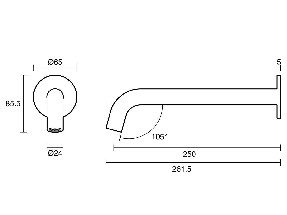 Reece Mizu Drift Wall Basin/Bath Outlet Curve Spout 250mm Chrome (6 Star) Lead Free