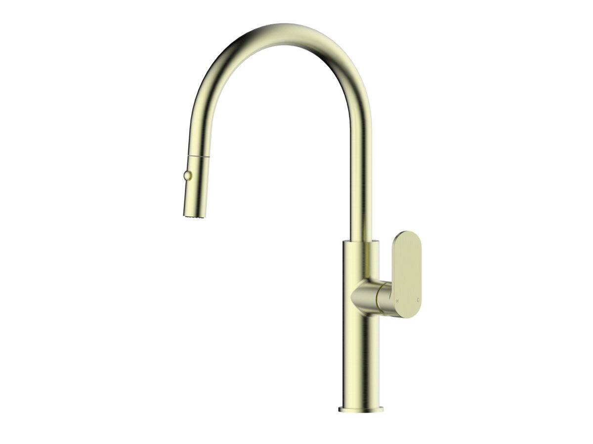 reece Mizu Soothe MK2 Gooseneck Pull Out Sink Mixer Curved Brushed Brass (5 Star) Lead Free