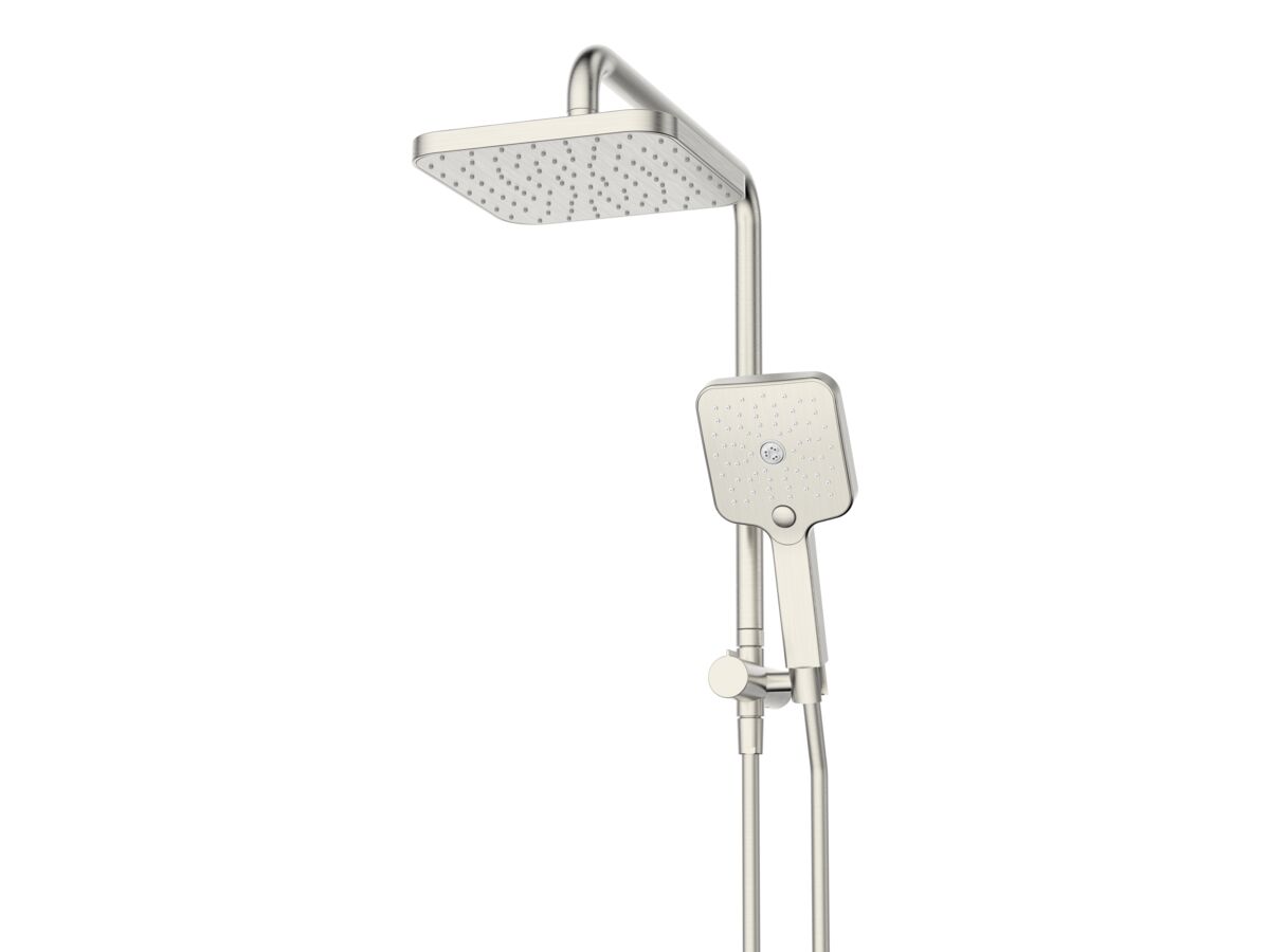 reece Mizu Soothe Short Twin Shower 3 Function with Water Inlet Wall Bracket Brushed Nickel (5 Star)