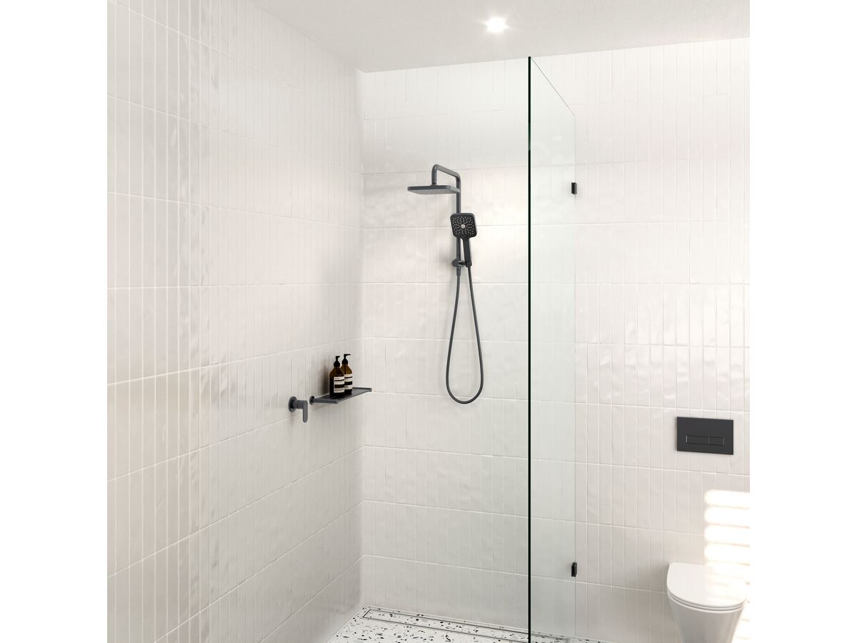 Reece Mizu Soothe Short Twin Shower 3 Function With Water Inlet Wall Bracket Brushed Gunmetal (5 Star)