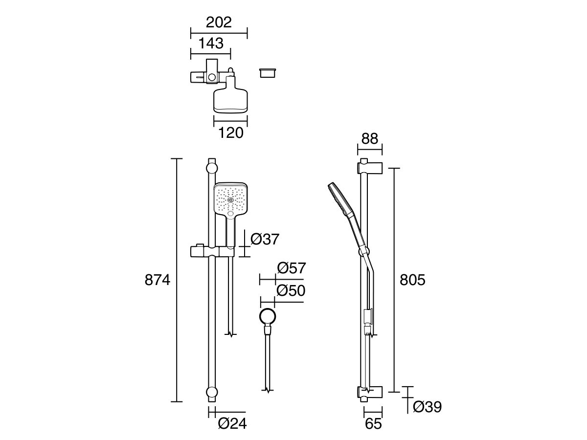 Reece Mizu Soothe Single Rail Shower 3 Function With Wall Water Inlet Chrome (5 Star)