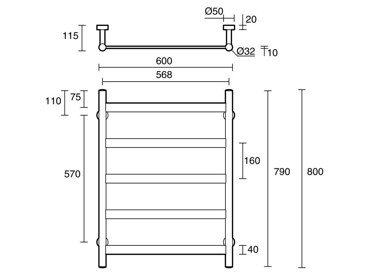 Reece Mizu Stream Heated Towel Rail 600 X 800mm Matte Black