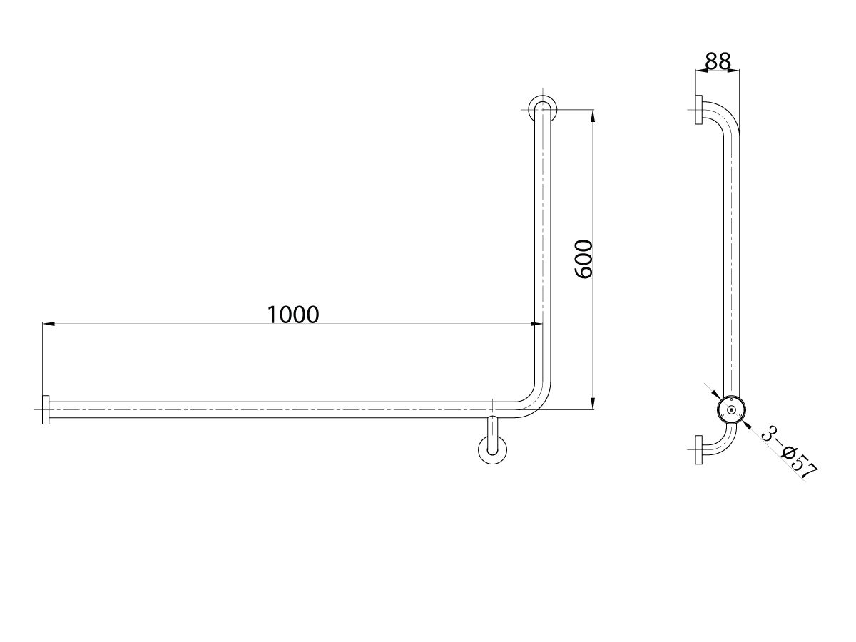 Reece Mobi 1000 X 600mm Left Hand Corner Grab Rail Satin Stainless Steel
