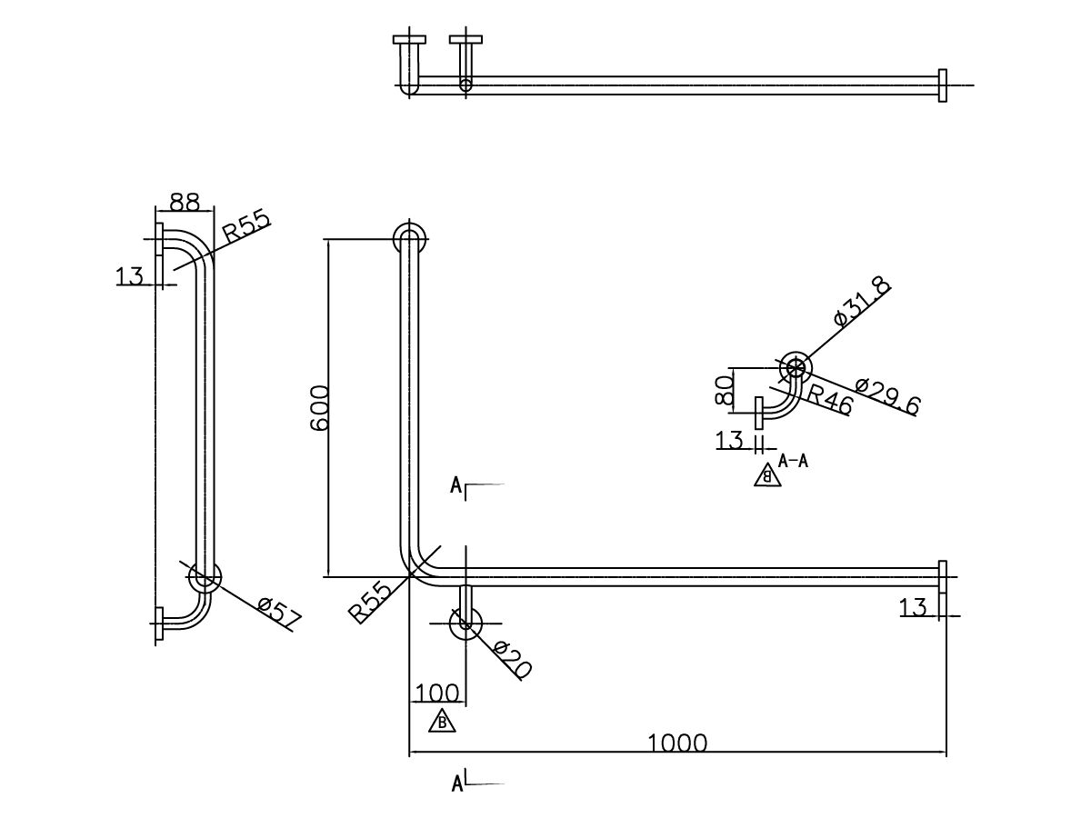 Reece Mobi 1000 X 600mm Right Hand Corner Grab Rail Satin Stainless Steel