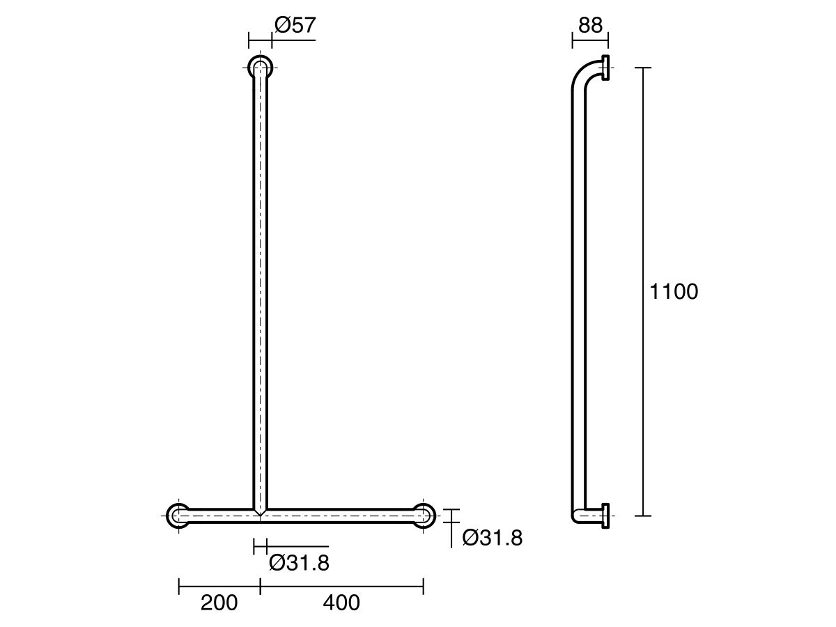 Reece Mobi 1100 X 600mm Left Hand Invert "T" Grab Rail Polished Stainless Steel