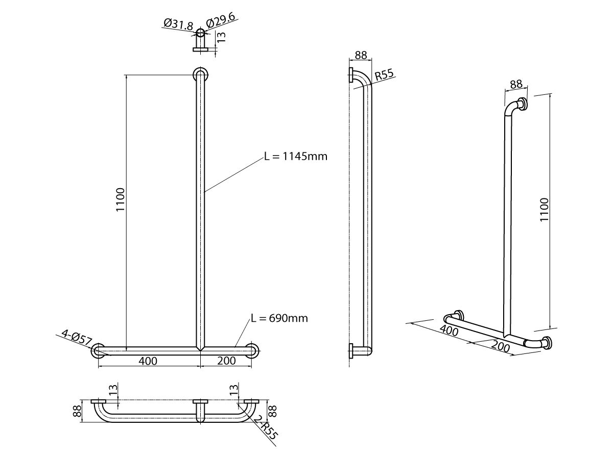 Reece Mobi 1100 X 600mm Right Hand Invert "T" Grab Rail Polished Stainless Steel