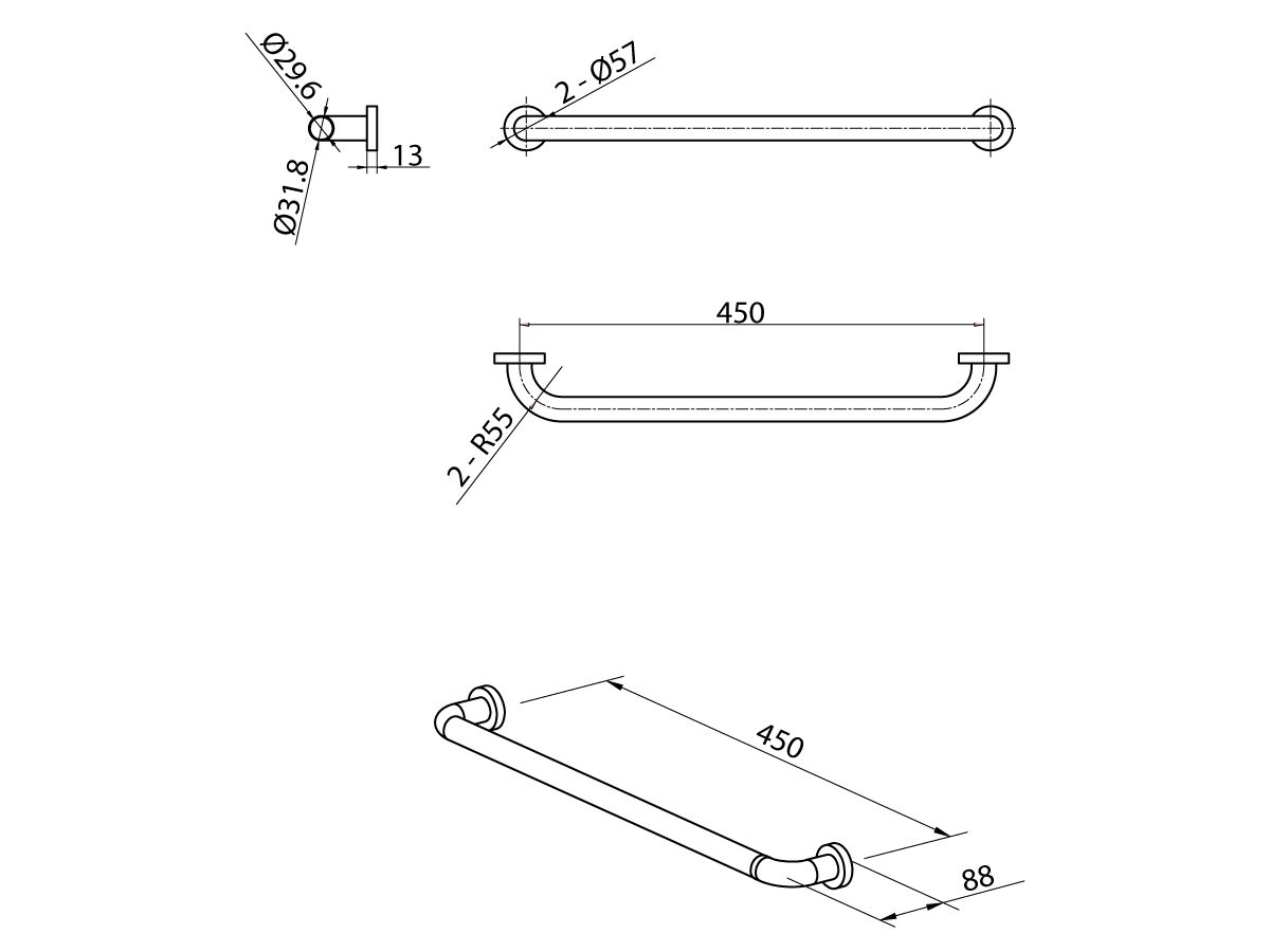 Reece Mobi 32 X 450mm Grab Rail Satin Stainless Steel