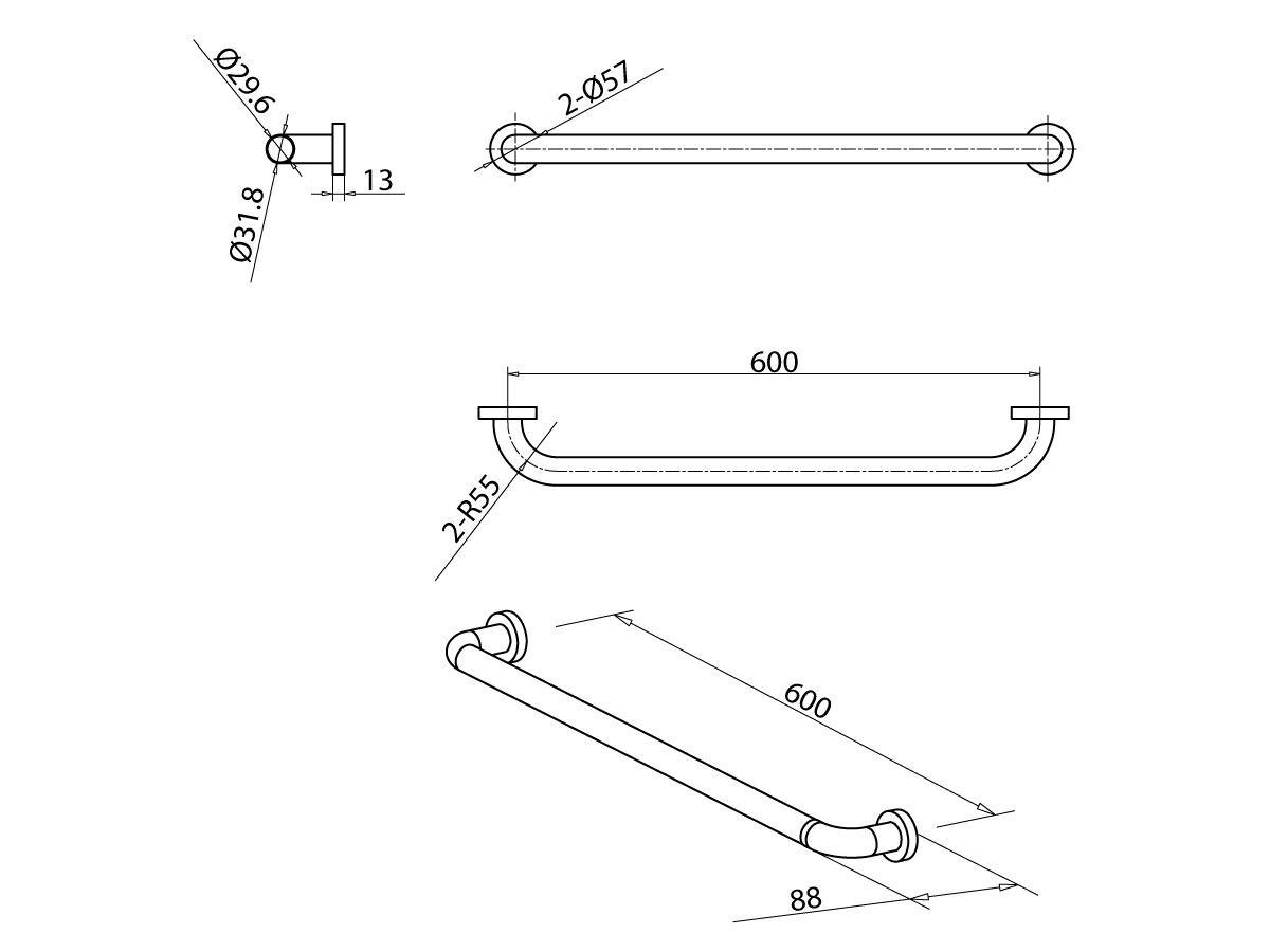 Reece Mobi 32 X 600mm Grab Rail Satin Stainless Steel