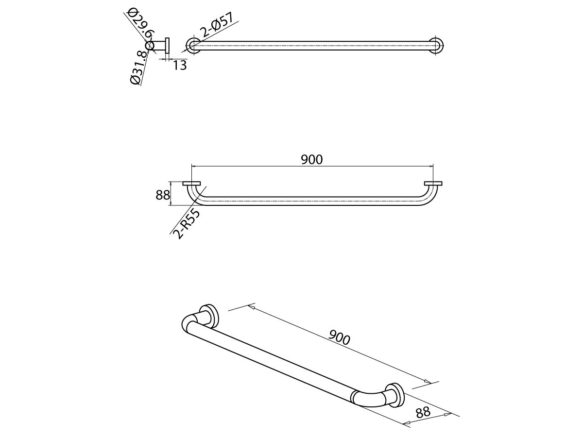 Reece Mobi 32 X 900mm Grab Rail Satin Stainless Steel