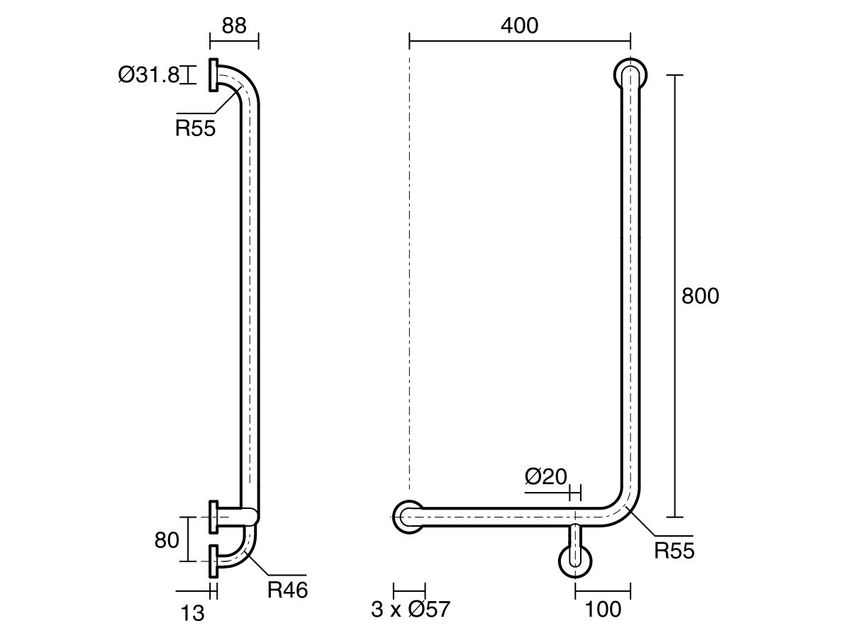 Reece Mobi 800 X 400mm Left Hand Shower Grab Rail Satin Stainless Steel