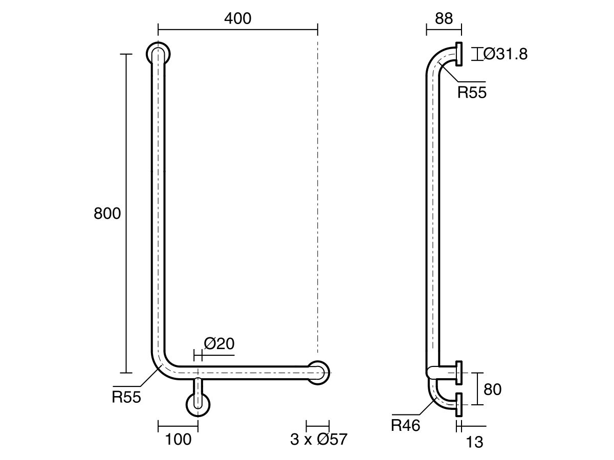 Reece Mobi 800 X 400mm Right Hand Shower Grab Rail Polished Stainless Steel