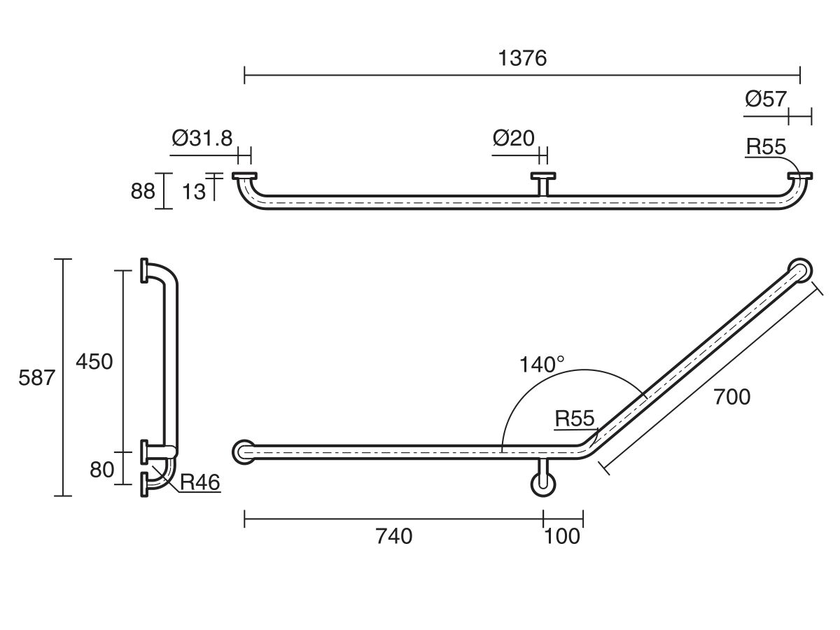 Reece Mobi 840 X 700mm X 140 Degree Left Hand Grab Rail Satin Stainless Steel