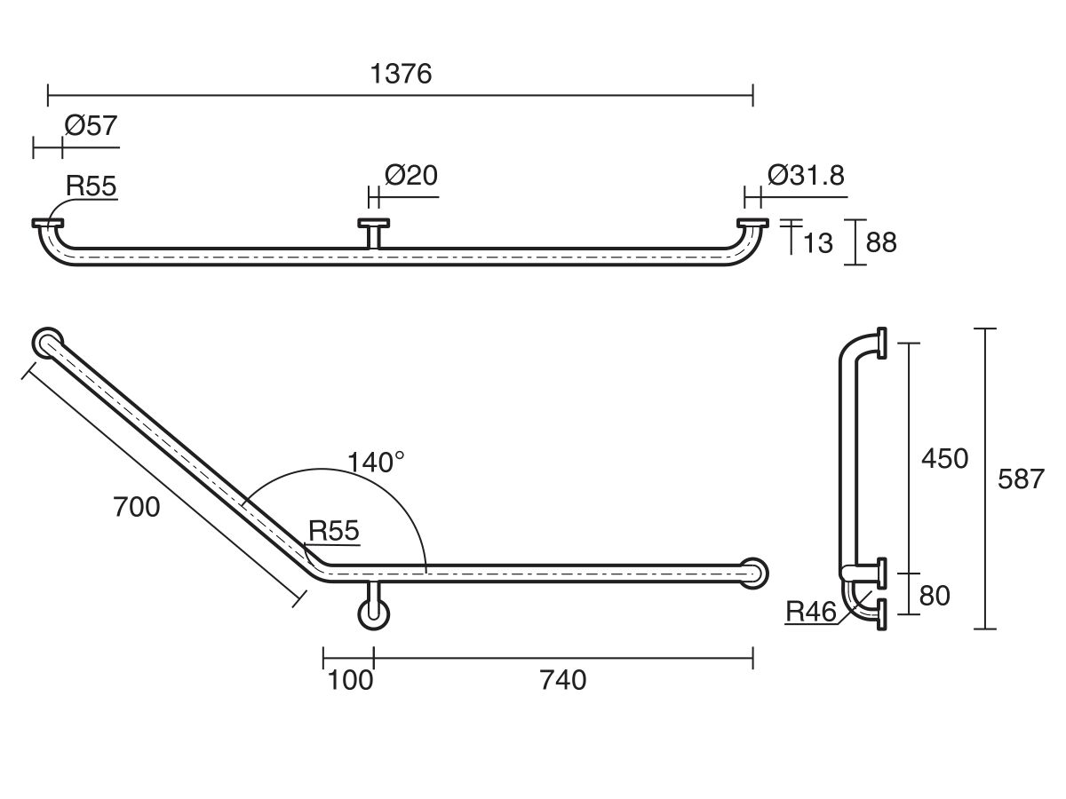 Reece Mobi 840 X 700mm X 140 Degree Right Hand Grab Rail Satin Stainless Steel