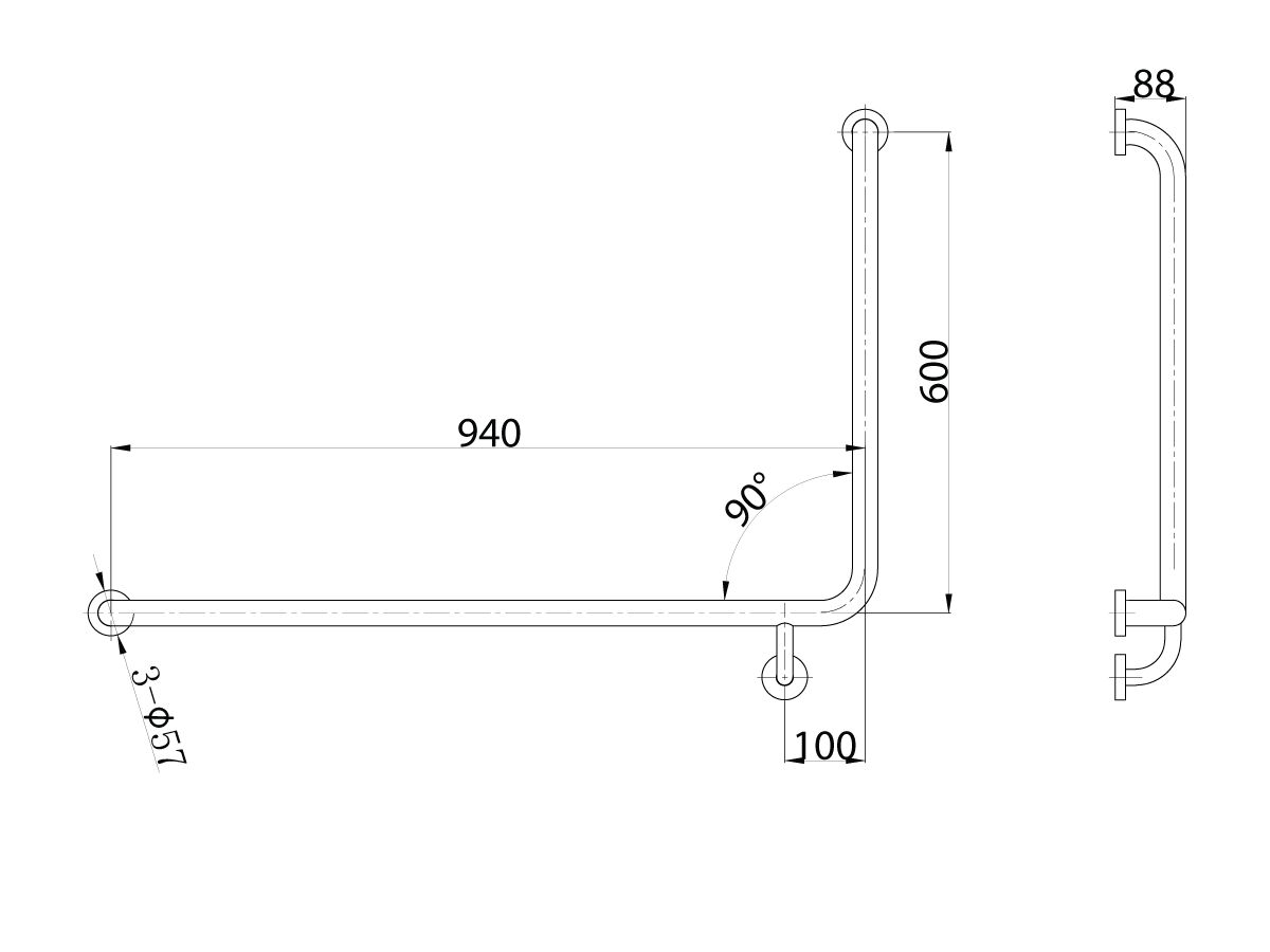 Reece Mobi 940 X 600mm X 90 Degree Left Hand Grab Rail Satin Stainless Steel