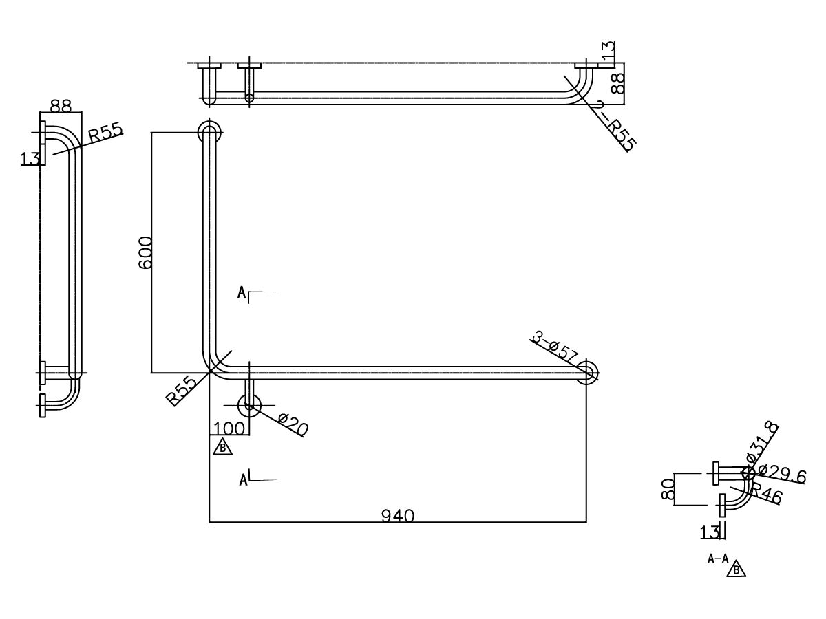 Reece Mobi 940 X 600mm X 90 Degree Right Hand Grab Rail Satin Stainless Steel