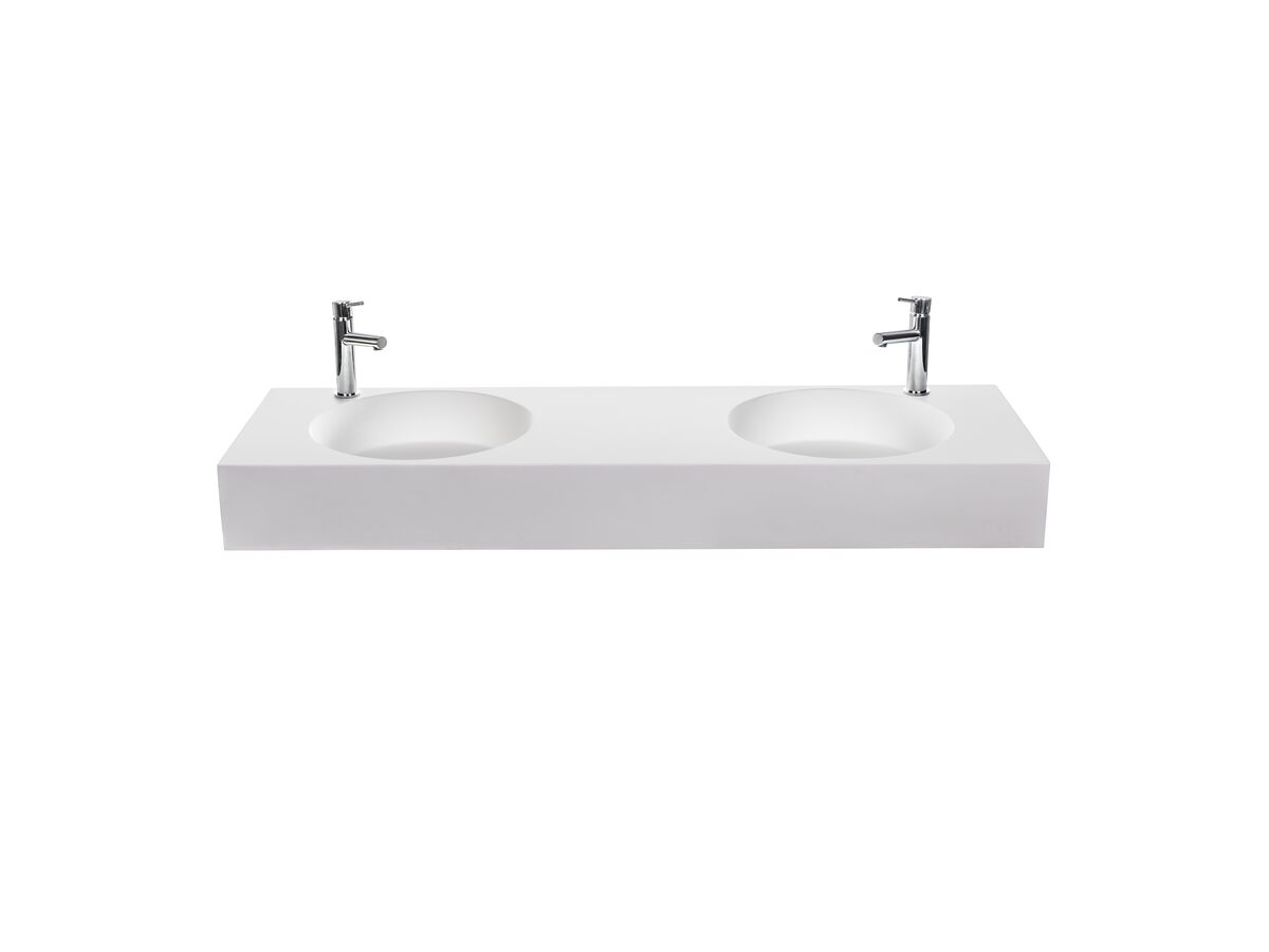 reece Omvivo Neo Solid Surface Wall Basin Double Bowl 2 Taphole 1400mm White reece Omvivo Neo Solid Surface Wall Basin Double Bowl 2 Taphole 1400mm White